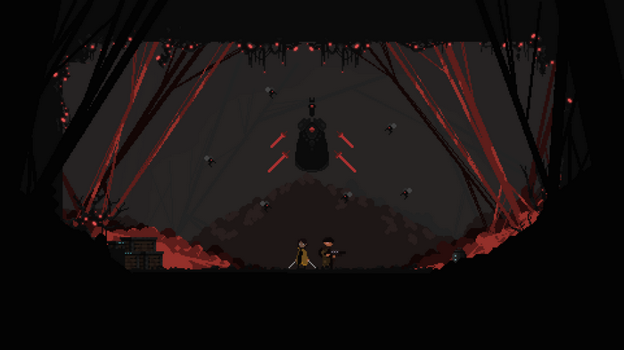 Pixel art of two characters facing a large dark figure in a forest