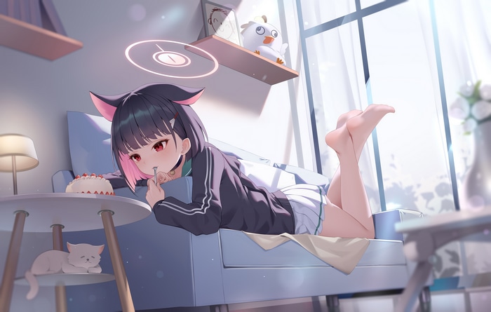 Kyouyama Kazusa eating cake on a couch with a cat