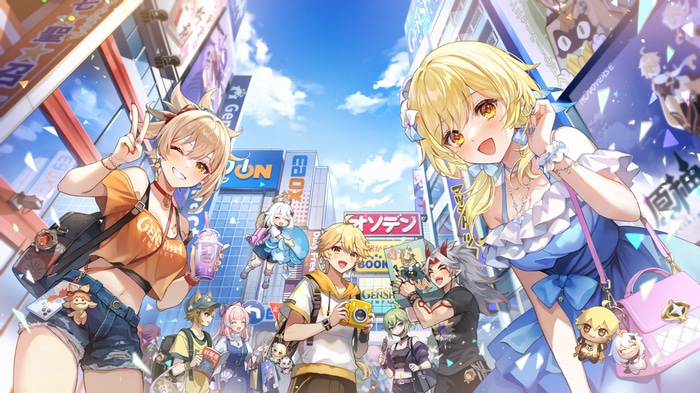 Genshin Impact characters in a Japanese street