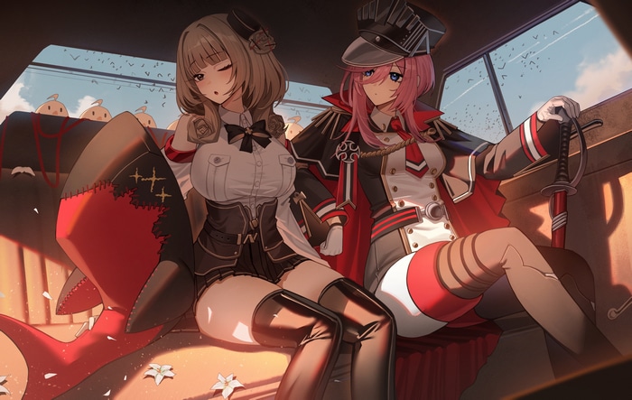 Azur Lane characters in a vehicle with weapons