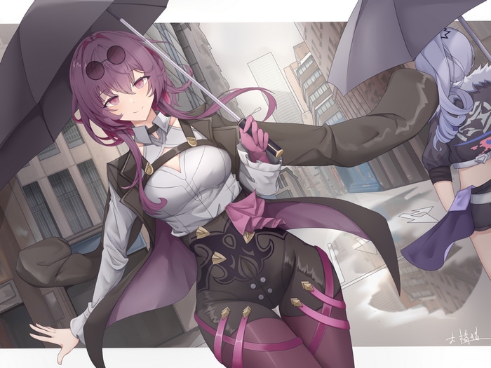 Kafka and Silver Wolf with umbrellas in Honkai: Star Rail