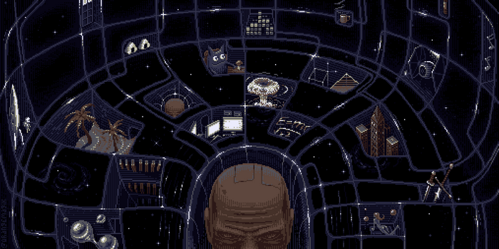 Pixel art science fiction view of a city map