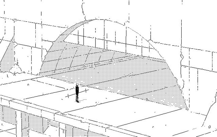 4K monochrome pixel art of an archway with a person