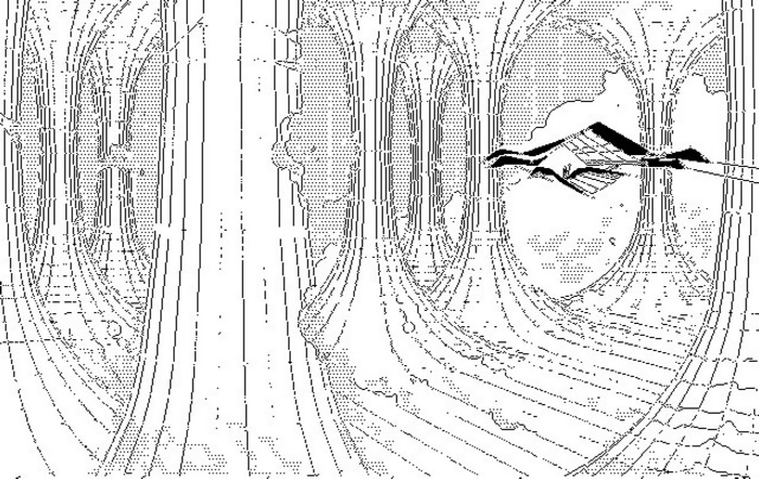 Monochrome pixel art of a sci-fi archway