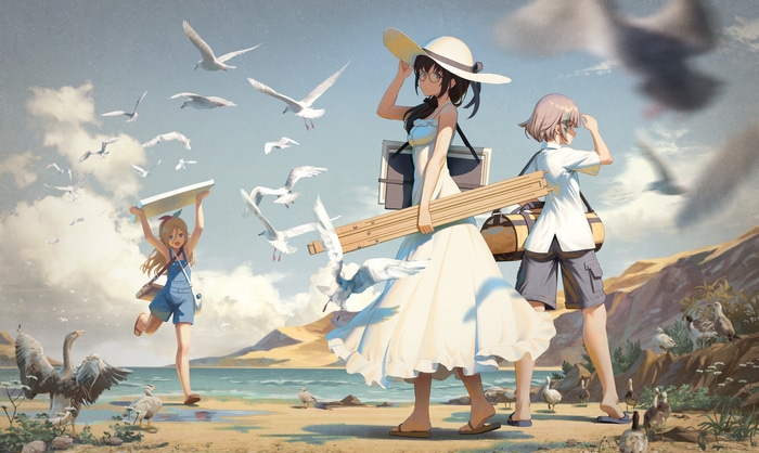 Alice Gear Aegis characters on a beach with seagulls