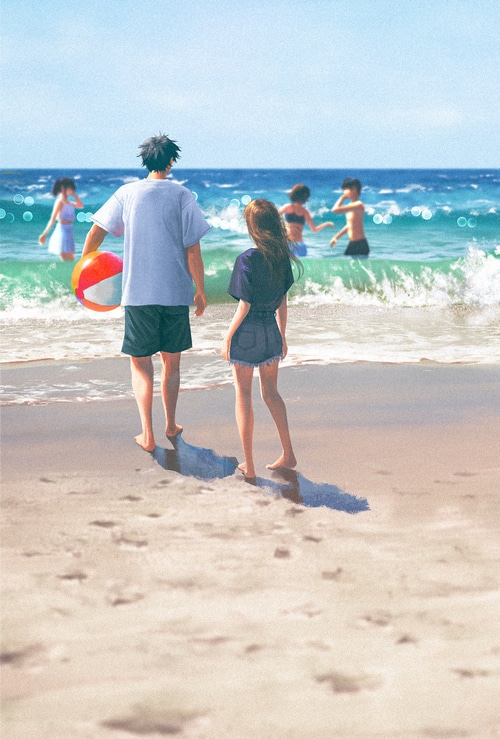 People playing in the ocean with a beach ball