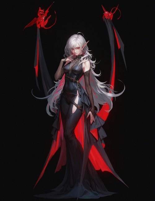 Elf woman in black dress with red accents