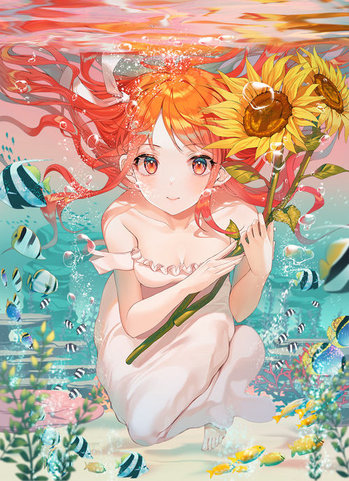 Anime girl with sunflowers underwater surrounded by fish