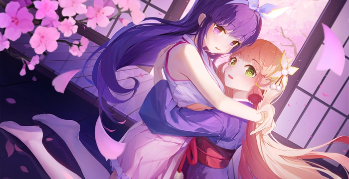 Two anime girls hugging under cherry blossoms
