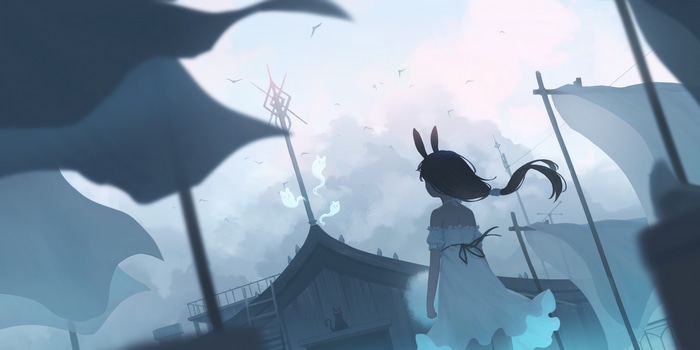 Bunny girl with ghost cats and flags