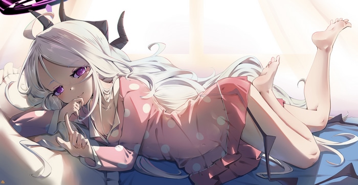 Sorasaki Hina from Blue Archive lying down in pyjamas