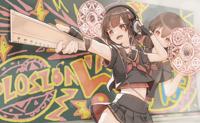 Schoolgirls with headphones and ruler in front of blackboard