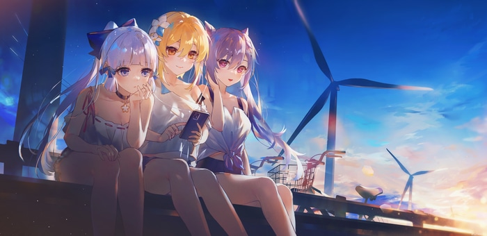Kamisato Ayaka, Keqing, and Lumine with windmills