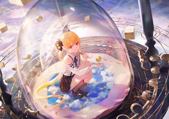 Girl with blonde twintails and purple eyes holding an umbrella