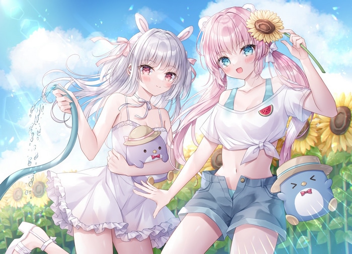 Two anime girls in a sunflower field with a water hose
