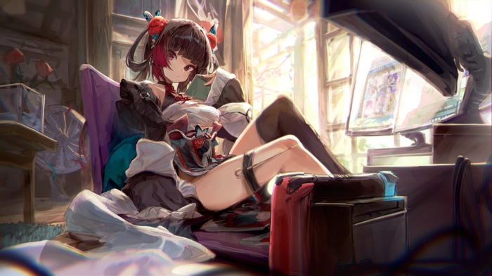 Girl in maid outfit with Nintendo Switch