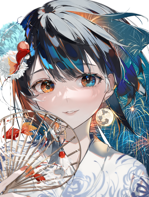 Anime girl with multi-colored eyes and hair holding a fan