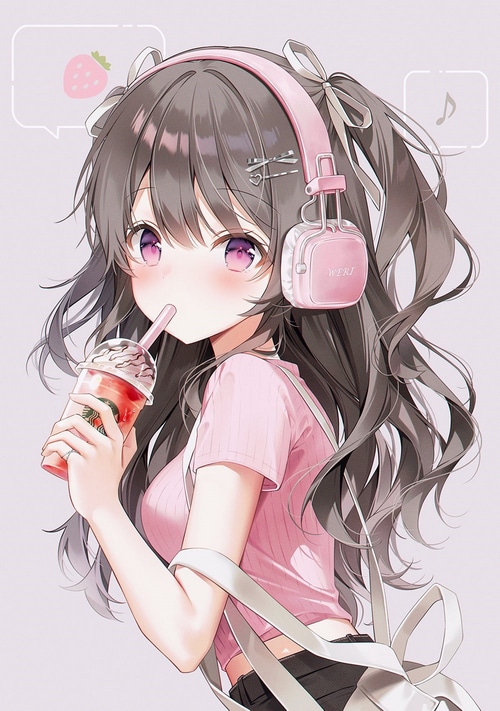 Anime girl with pink headphones drinking a strawberry drink