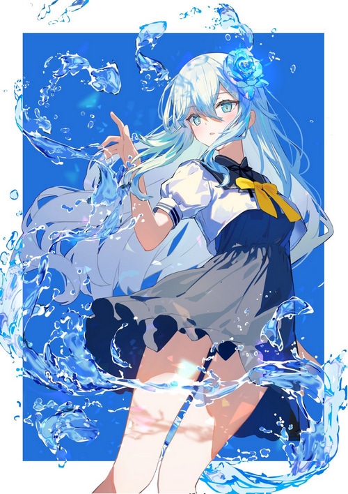 Anime girl with blue hair and eyes surrounded by water
