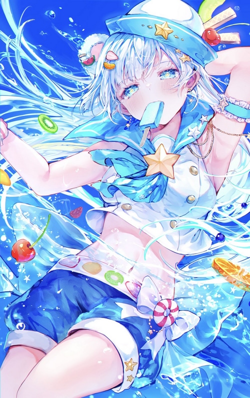 Girl with blue hair eating a popsicle in water with fruit