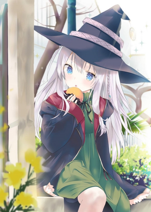 Anime girl in witch hat eating food