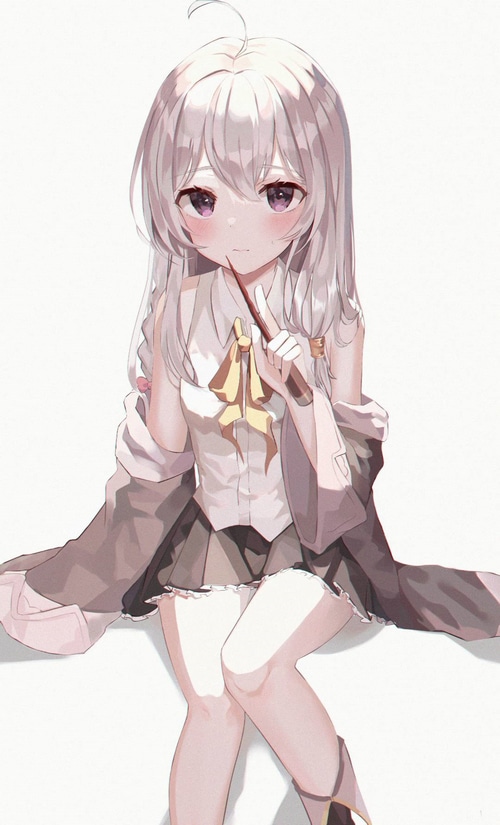Anime girl with white hair and purple eyes