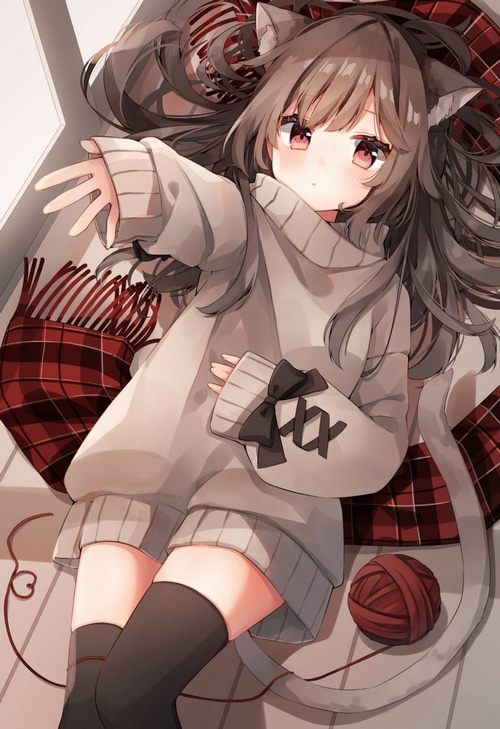 Cat girl in sweater with yarn ball and scarf