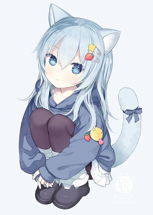 loli, cat girl, blue eyes, hairpin, blue hair, cat tail, squatting, cat ...