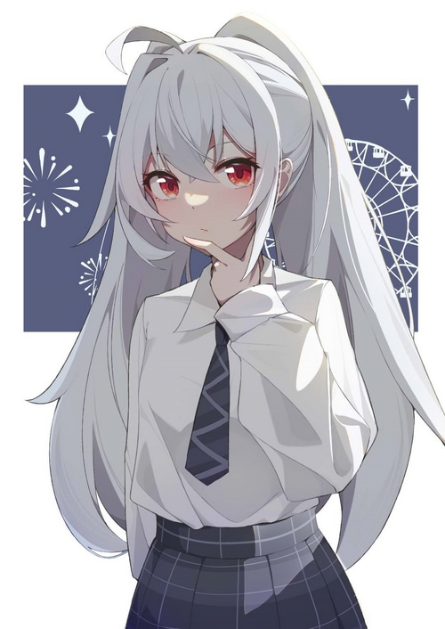 Isla in a school uniform with fireworks background