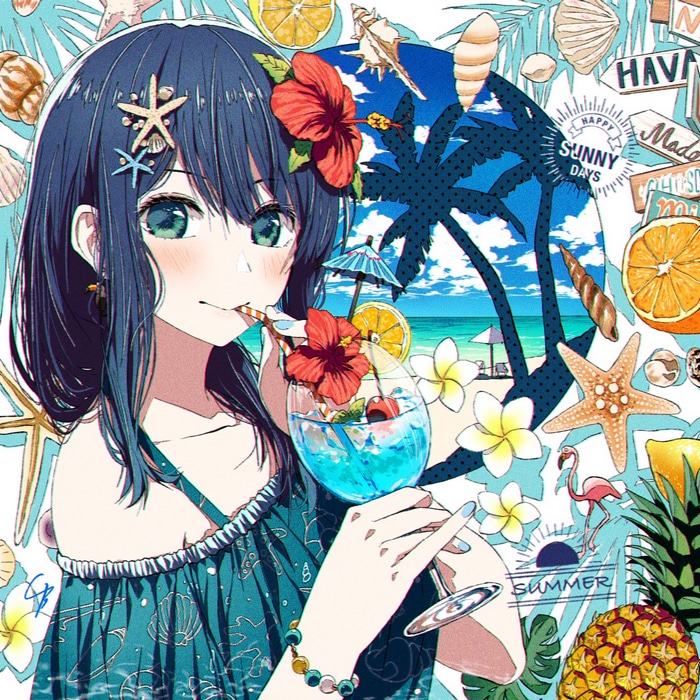 Kurokawa Akane from Oshi no Ko drinking a cocktail on the beach