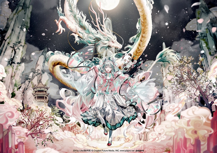Hatsune Miku with a Chinese Dragon and Panda