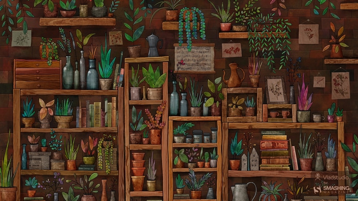 4K Vladstudio Houseplants on Brick Wall Shelves