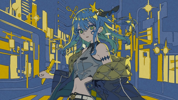 Hoshimachi Suisei with a knife in a city