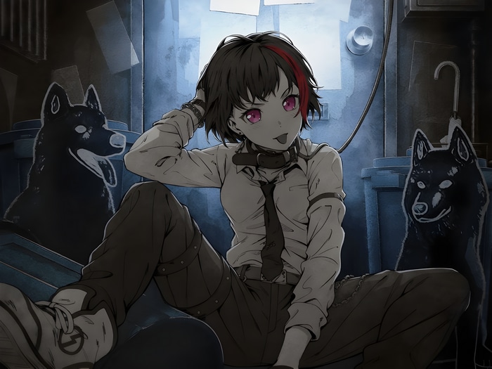 Ran Mitake with two black dogs