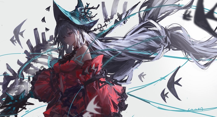 Skaid from Arknights with silver hair and red eyes