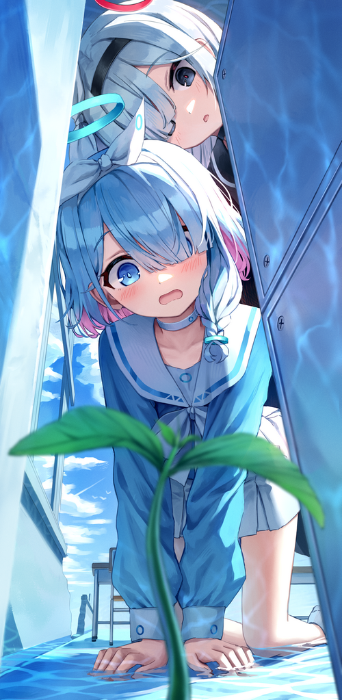 Blue Archive girls peeking from behind a panel