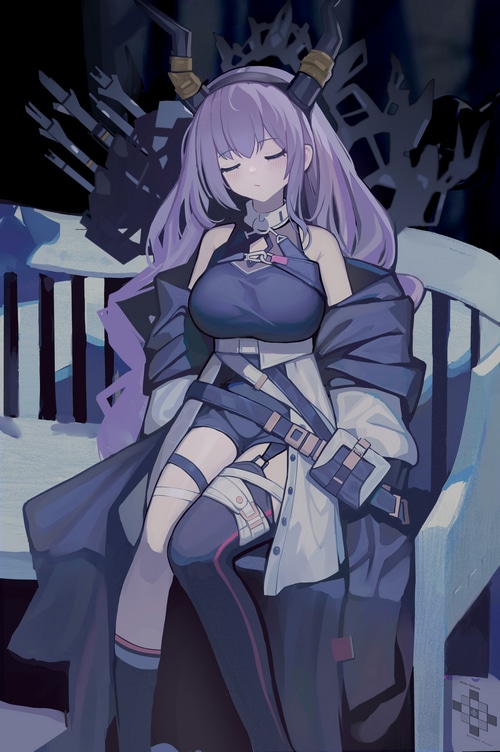 Arknights character sleeping with purple hair