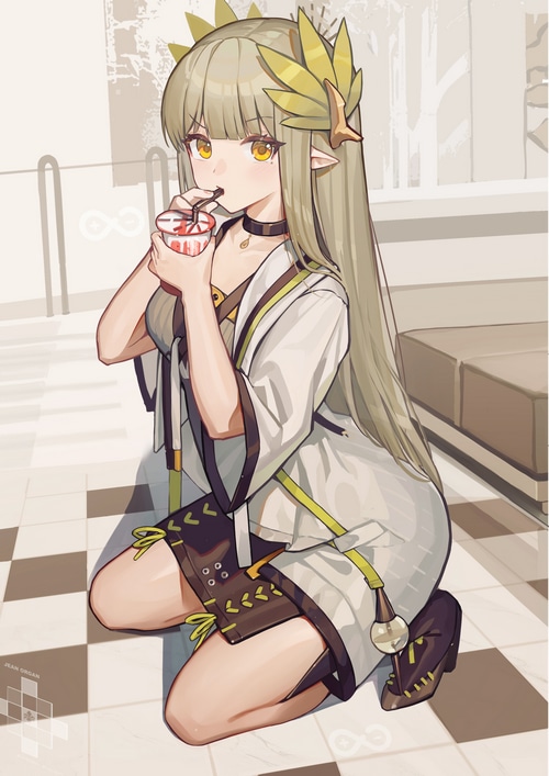 Arknights character drinking from a cup