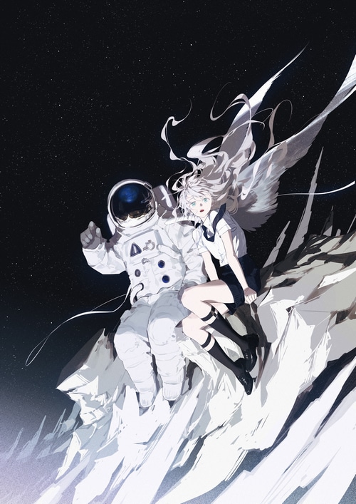 Astronaut and winged girl in space