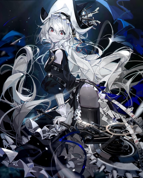 Arknights anime girl with white hair and red eyes