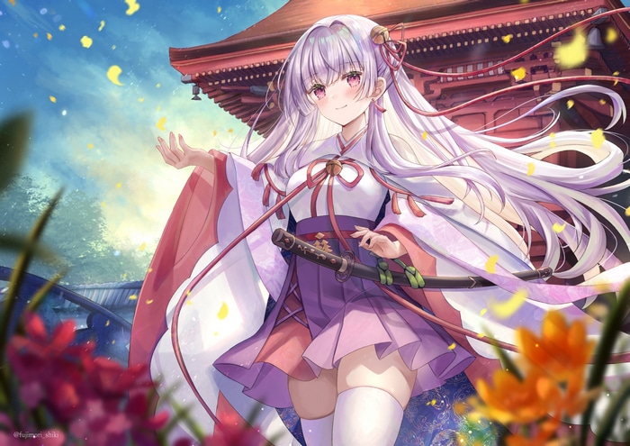 Anime girl with purple hair and katana at temple