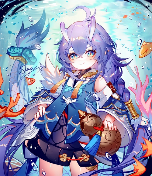 Bailu from Honkai: Star Rail underwater with fish