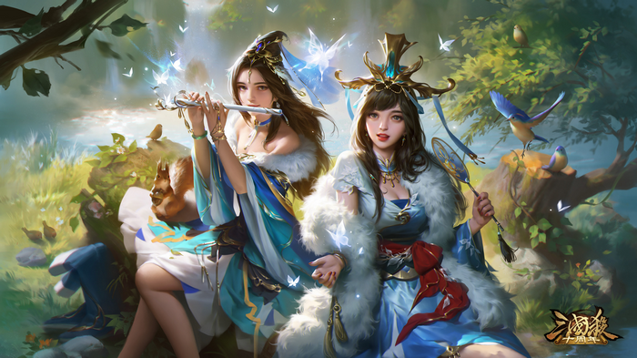 Sanguosha women playing flute with butterflies and birds