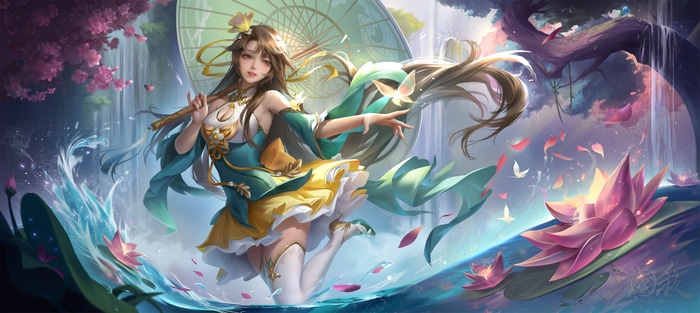 Sanguosha woman with umbrella by water lilies