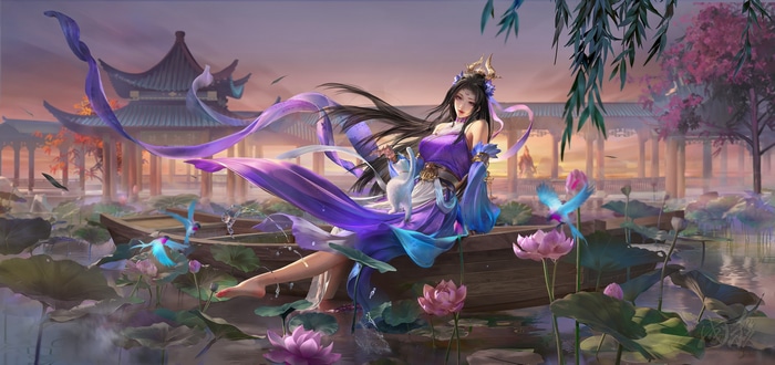 Woman in purple dress on a boat with lotus flowers