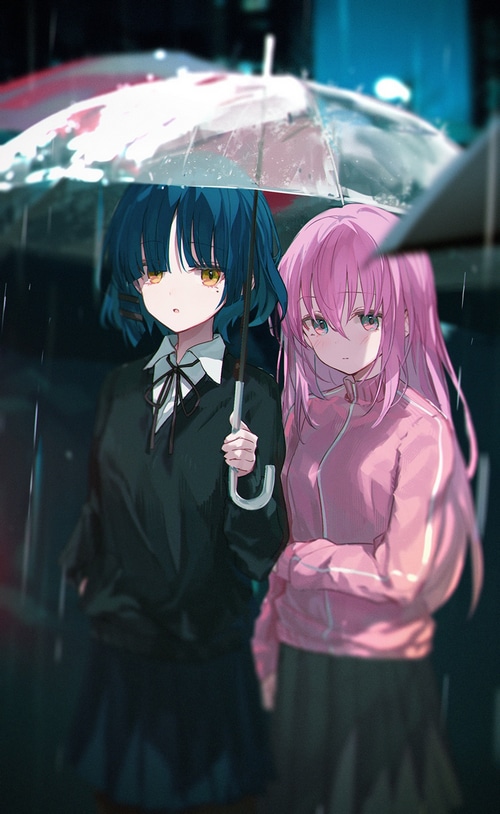 Ryo Yamada and Gotou Hitori under an umbrella in the rain
