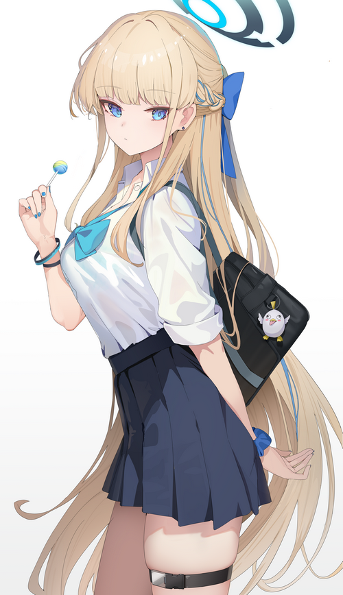 Asuma Toki from Blue Archive holding a lollipop