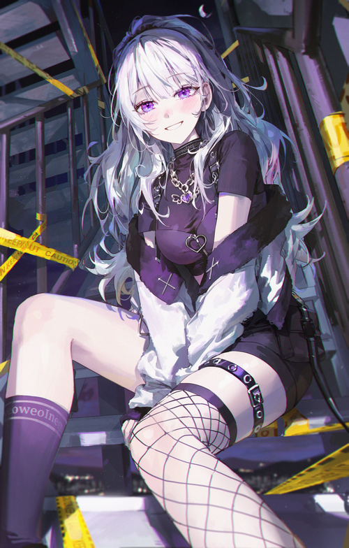 Girl with purple hair and eyes on stairs
