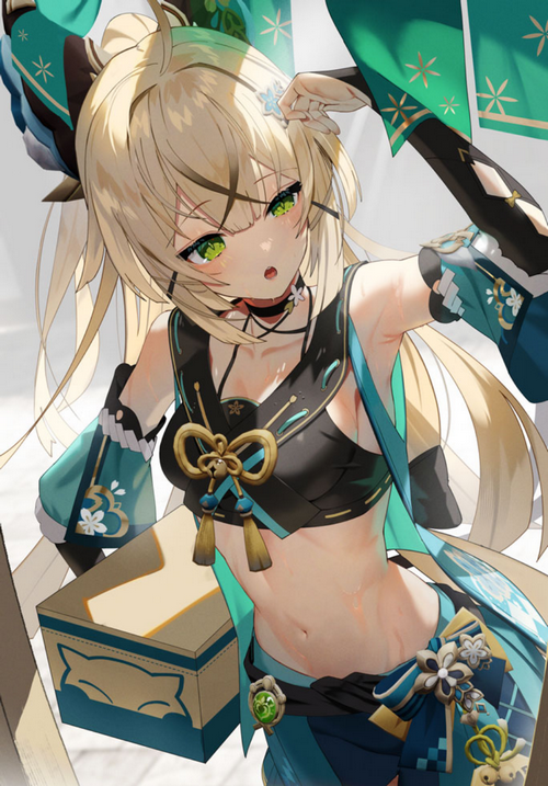 Kirara from Genshin Impact with green eyes and blonde hair