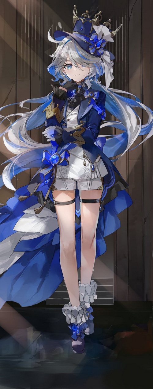 Focalors from Genshin Impact wearing a blue outfit and hat